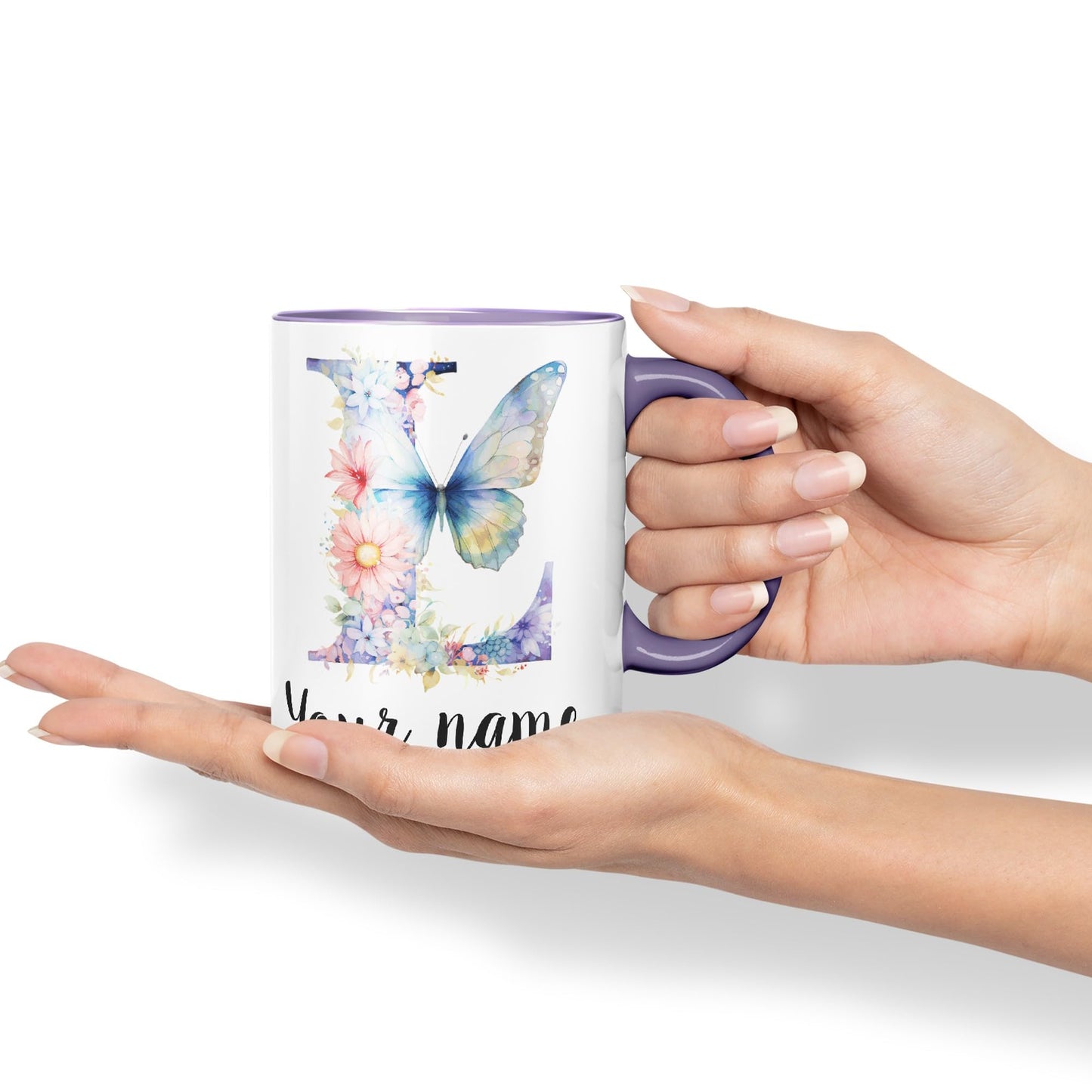 Personalised Letter L mug, Customized Custom Floral flowers butterfly Alphabet Letter L Monogram watercolour Ceramic Coloured Mug Cup for Tea Coffee Hot brew 330ml 11Oz Gift