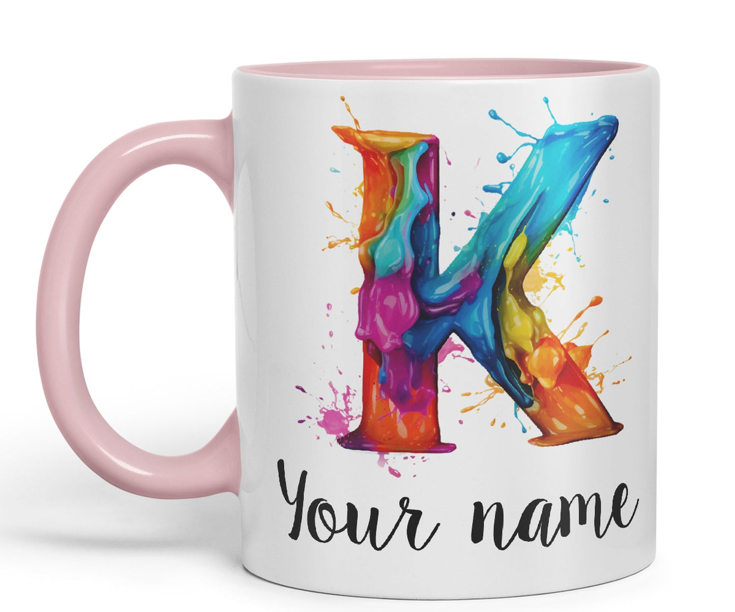 Personalised Letter K mug, Alphabet cusomized custom Letter K Monogram watercolour Ceramic Coloured Mug Cup for Tea Coffee Hot brew 330ml 11Oz Gift