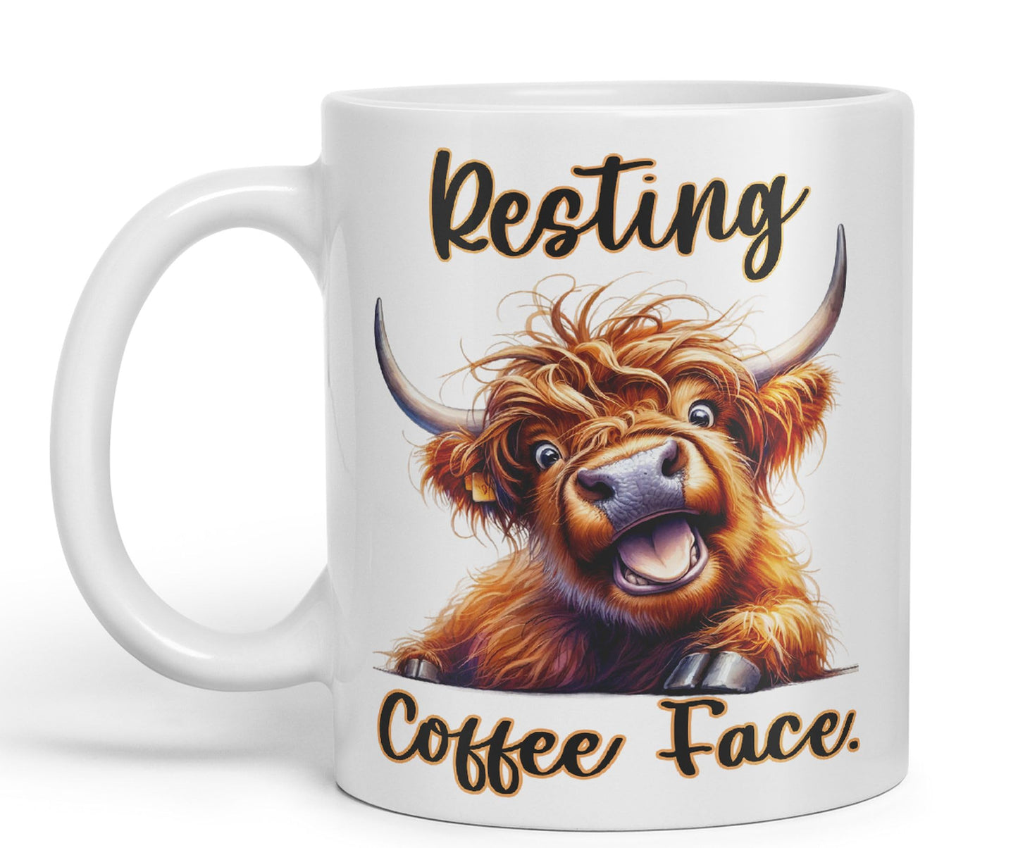 Resting Coffee Face Cow Highland Joke sarkasm Sarcastic Ceramic Coloured Mug Cup for Tea Coffee Hot Brew 330ml 11Oz Gift