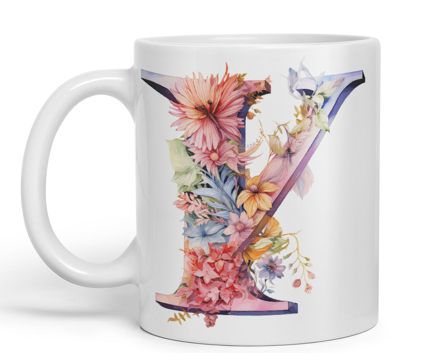 Letter Y mug, Floral flowers butterfly Alphabet Letter Y Monogram watercolour Ceramic Coloured Mug Cup for Tea Coffee Hot brew 330ml 11Oz Gift
