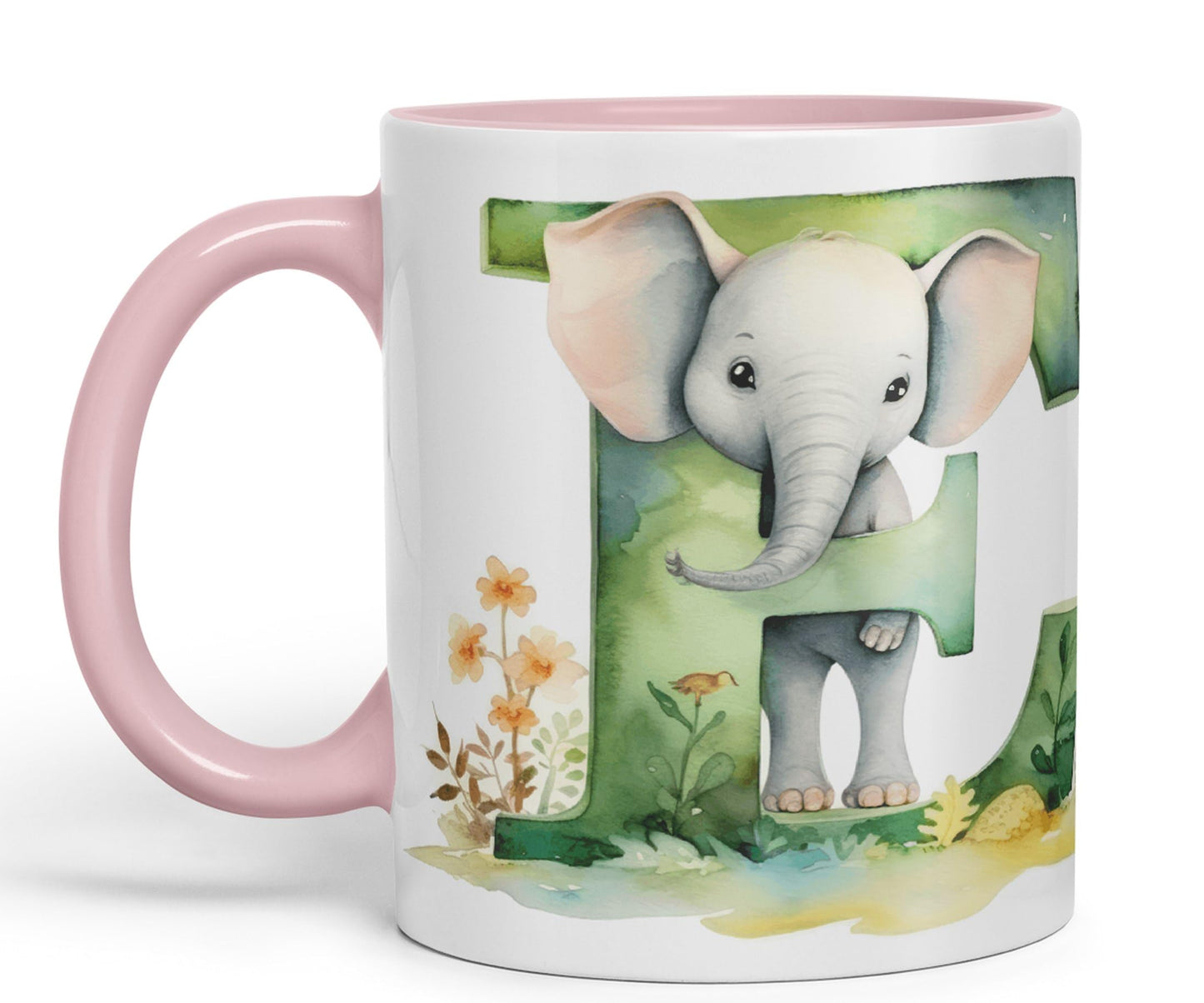 Letter E mug, Animals Alphabet Letter E Monogram animal for kids Ceramic Coloured Mug Cup for Tea Coffee Hot brew 330ml 11Oz Gift