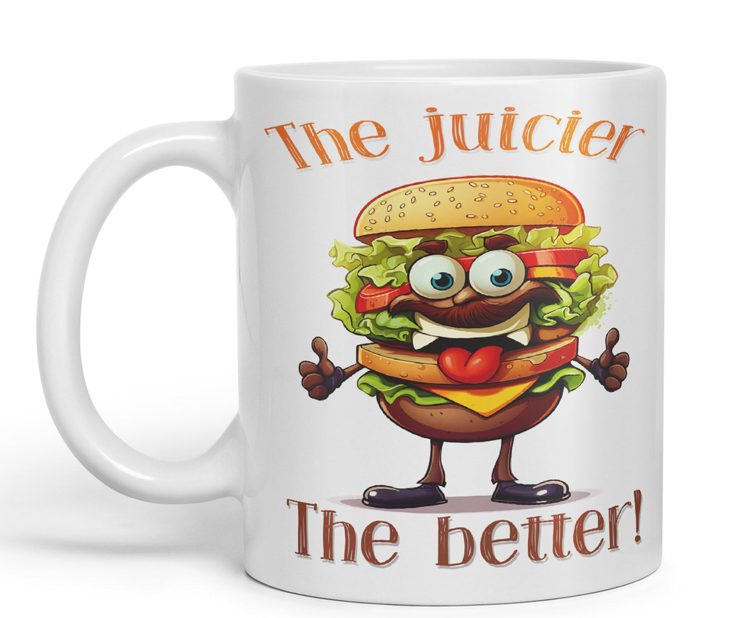 The Juicier The Better Burger, Joke sarkasm Sarcastic Ceramic Coloured Mug Cup for Tea Coffee Hot Brew 330ml 11Oz Gift