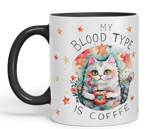 Mu Blood Type is Coffee Cat Kitten Joke sarkasm Sarcastic Ceramic Coloured Mug Cup for Tea Coffee Hot Brew 330ml 11Oz Gift