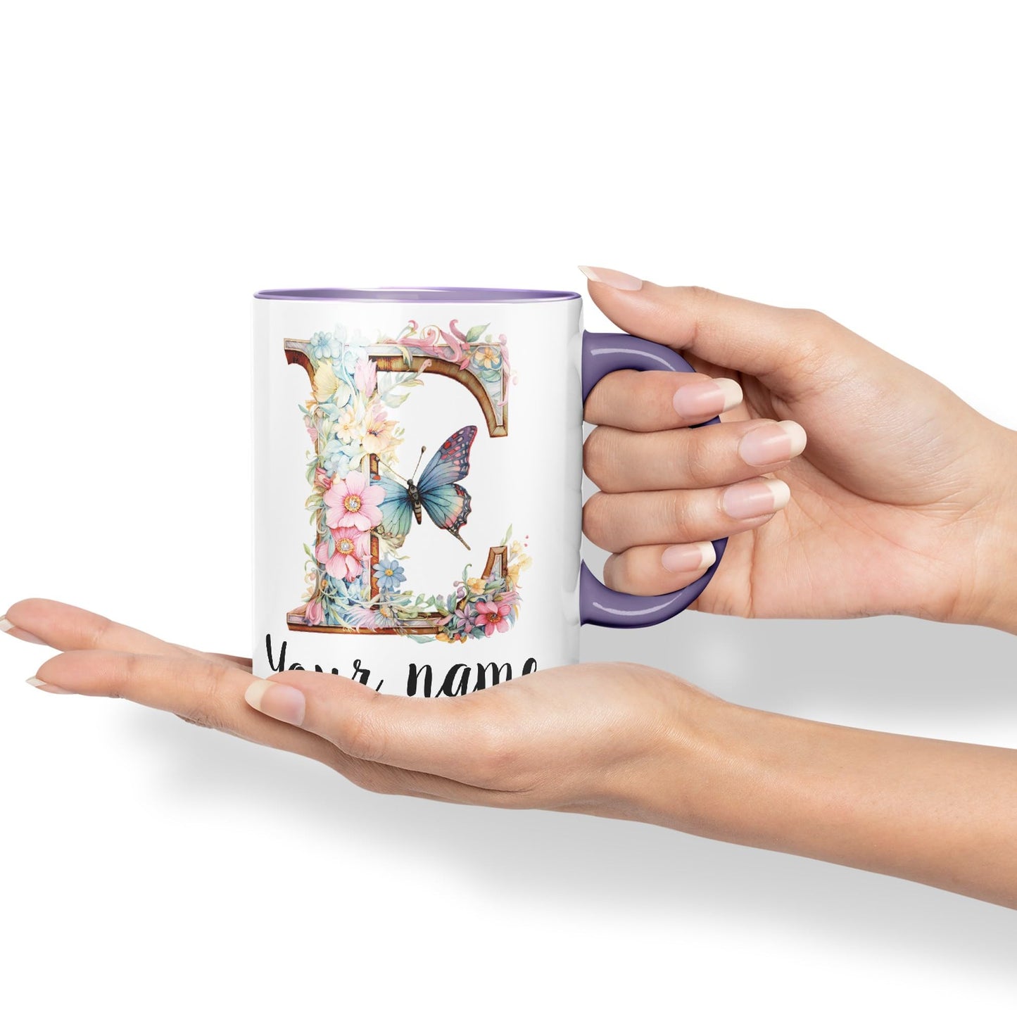 Personalised Letter E mug, Customized Custom Floral flowers butterfly Alphabet Letter E Monogram watercolour Ceramic Coloured Mug Cup for Tea Coffee Hot brew 330ml 11Oz Gift