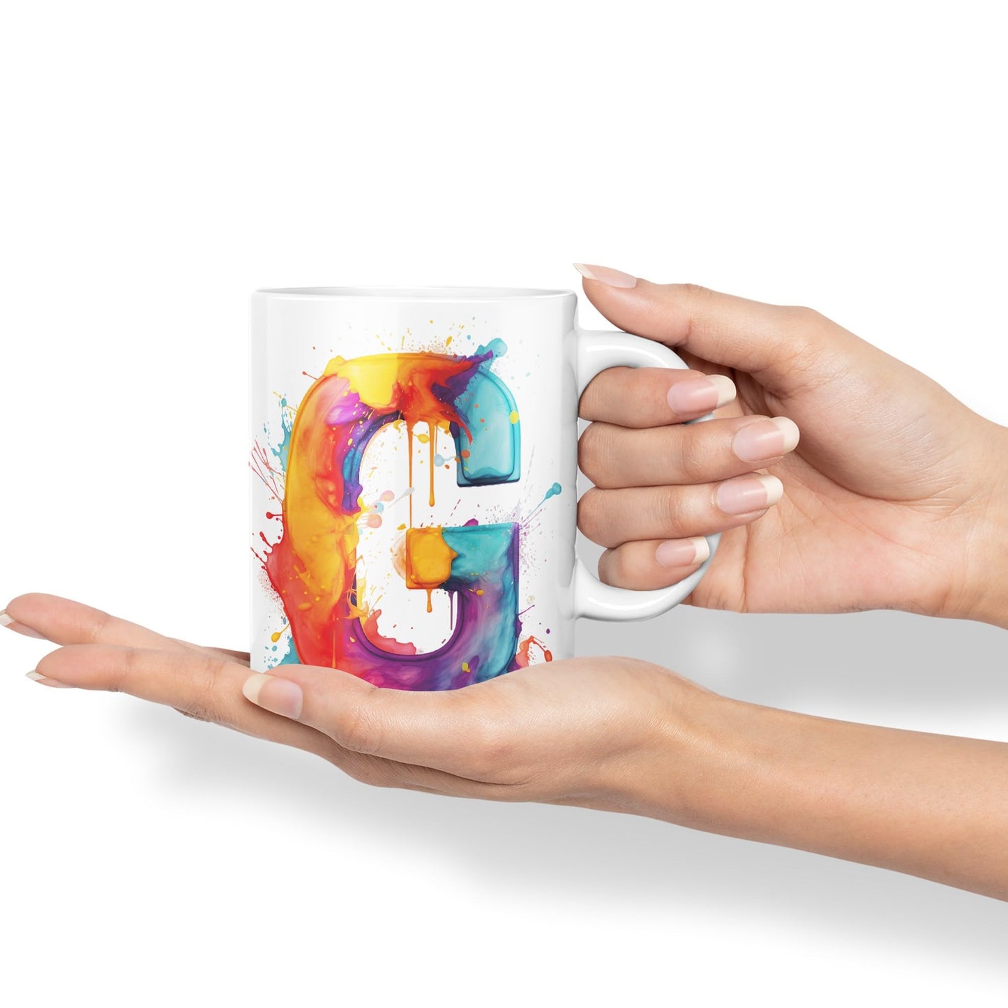 Letter G mug, Alphabet Letter G Monogram watercolour Ceramic Coloured Mug Cup for Tea Coffee Hot brew 330ml 11Oz Gift