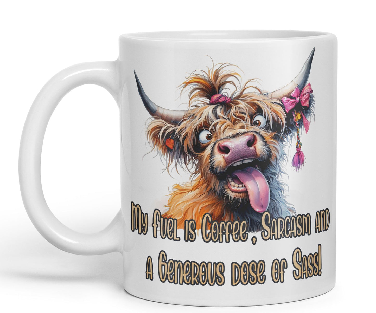 My Fuel is Coffee, Sarcasm and a Generous dose of Sass! Cow higland Joke sarkasm Sarcastic Ceramic Coloured Mug Cup for Tea Coffee Hot Brew 330ml 11Oz Gift