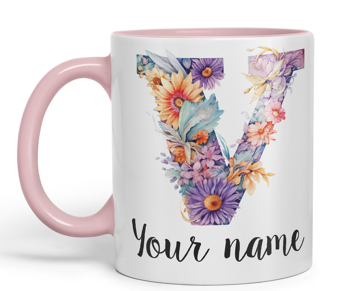 Personalised Letter V mug, Customized Custom Floral flowers butterfly Alphabet Letter V Monogram watercolour Ceramic Coloured Mug Cup for Tea Coffee Hot brew 330ml 11Oz Gift