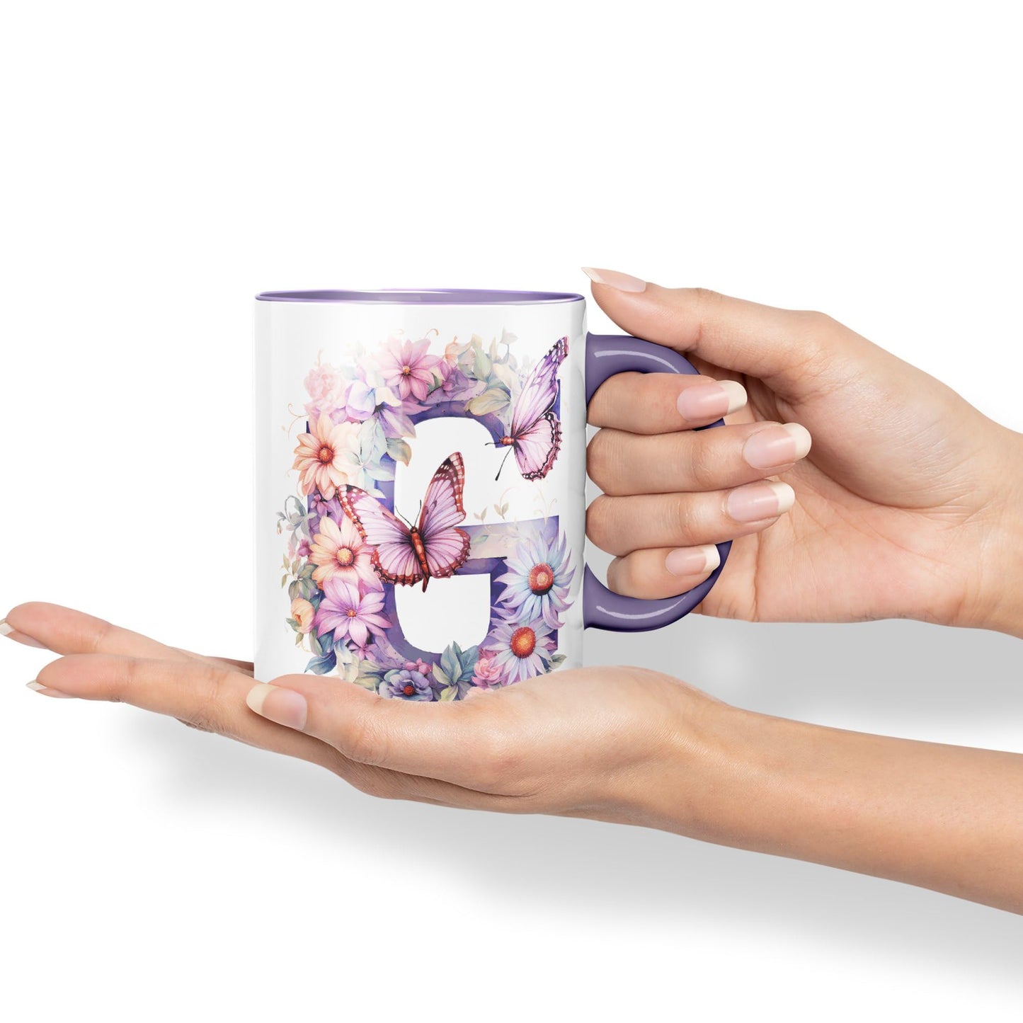 Letter G mug, Floral flowers butterfly Alphabet Letter G Monogram watercolour Ceramic Coloured Mug Cup for Tea Coffee Hot brew 330ml 11Oz Gift