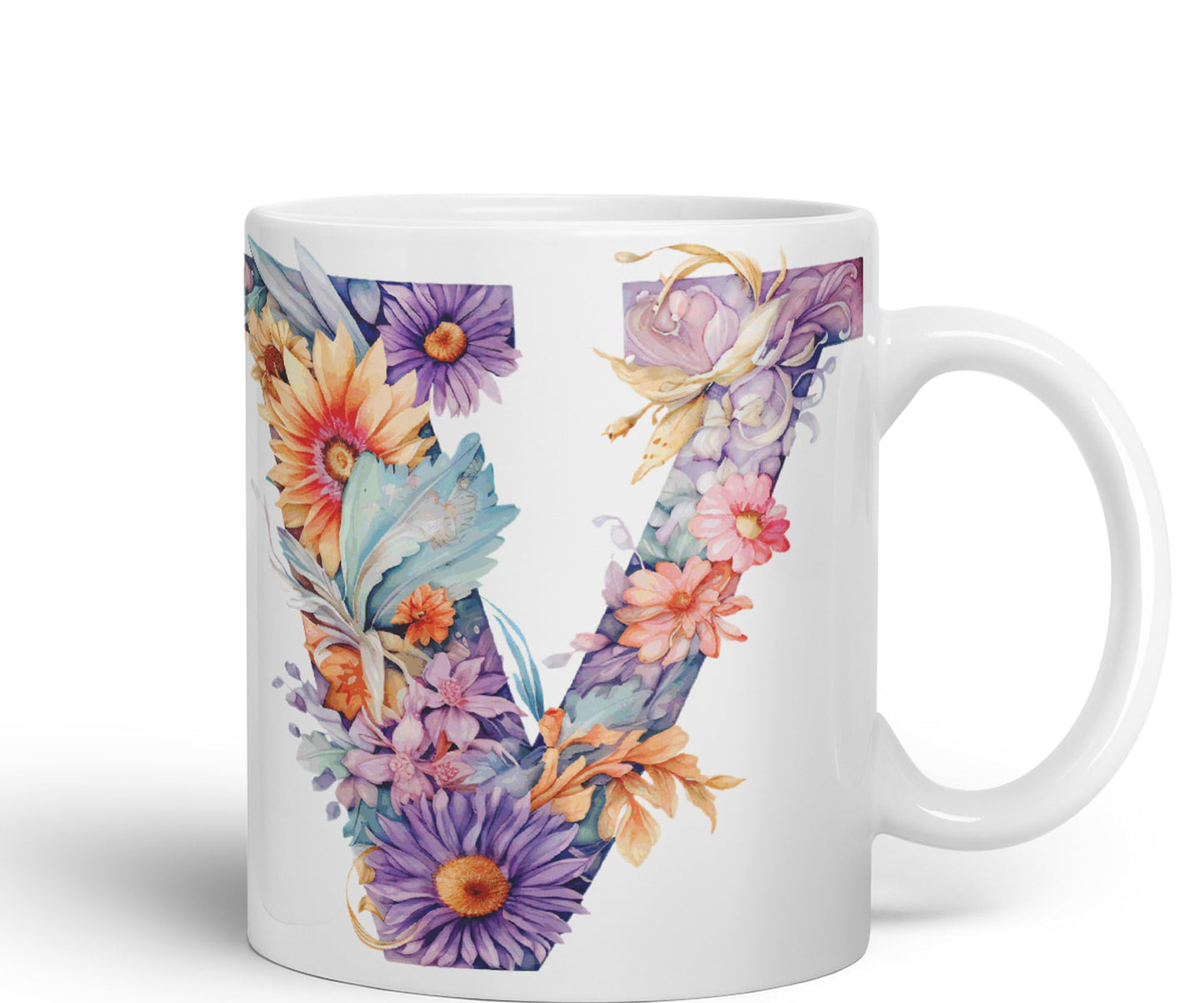 Letter V mug, Floral flowers butterfly Alphabet Letter V Monogram watercolour Ceramic Coloured Mug Cup for Tea Coffee Hot brew 330ml 11Oz Gift