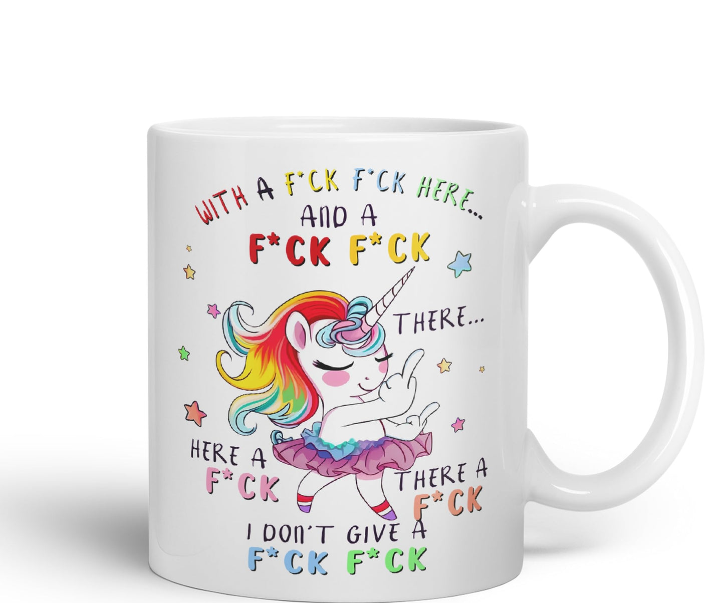 with a f.ck here and… There. I Don't Give a f.ck Unicorn Joke sarkasm Sarcastic Ceramic Coloured Mug Cup for Tea Coffee Hot Brew 330ml 11Oz Gift