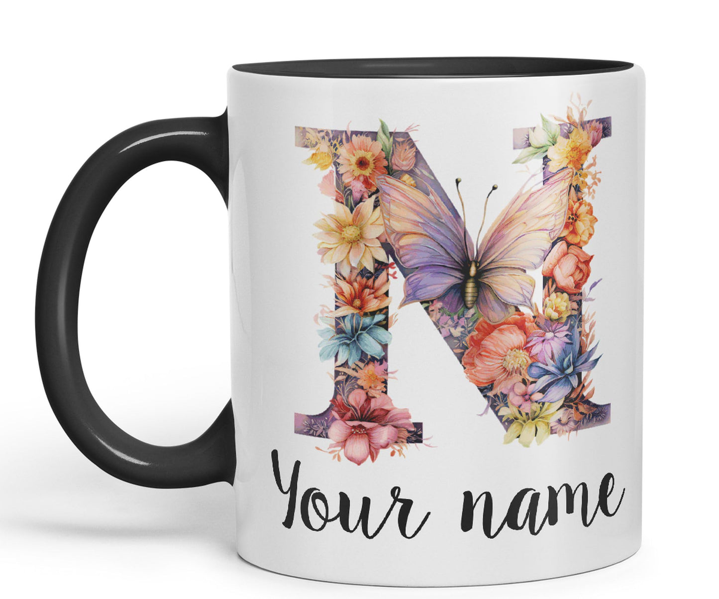 Personalised Letter N mug, Customized Custom Floral flowers butterfly Alphabet Letter N Monogram watercolour Ceramic Coloured Mug Cup for Tea Coffee Hot brew 330ml 11Oz Gift