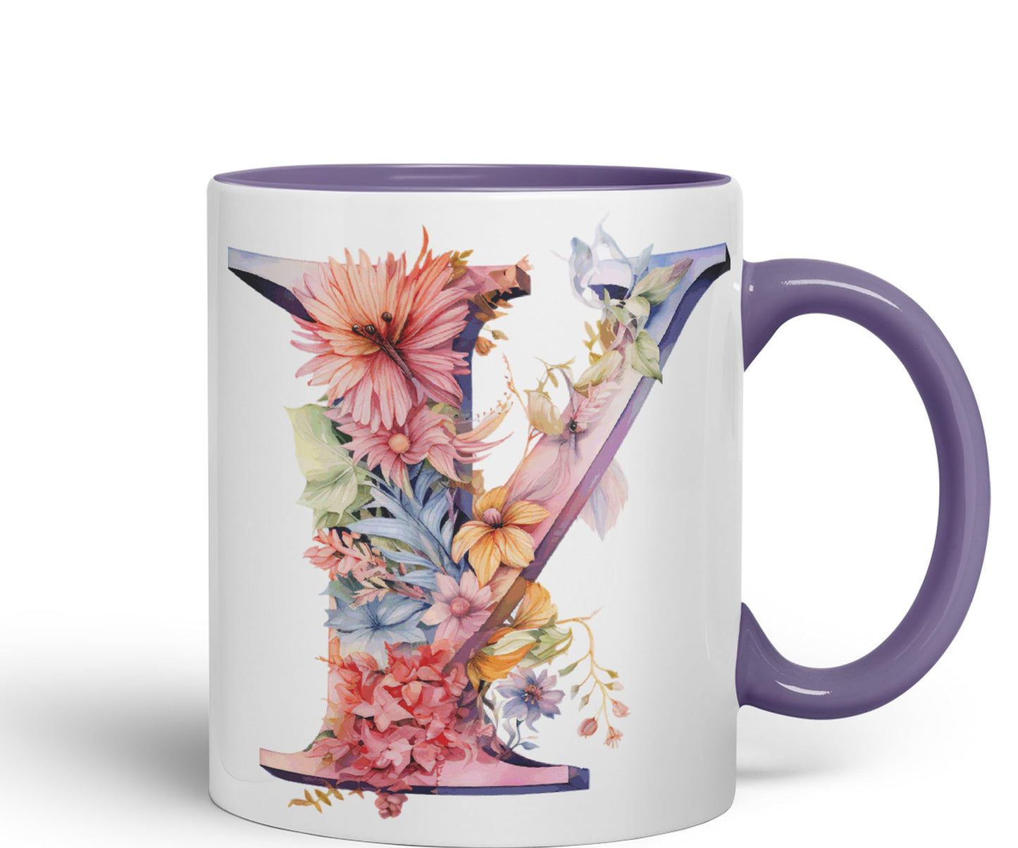 Letter Y mug, Floral flowers butterfly Alphabet Letter Y Monogram watercolour Ceramic Coloured Mug Cup for Tea Coffee Hot brew 330ml 11Oz Gift