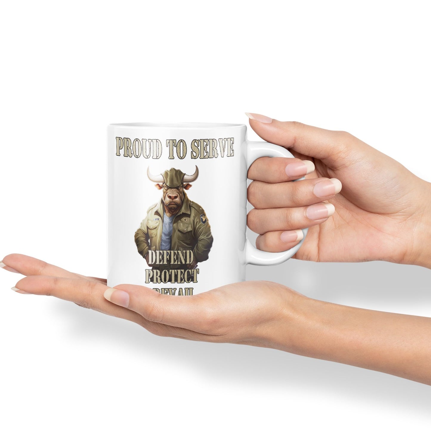 Proud to Serve Defend Protect Prevail Army Soldier Joke sarkasm Sarcastic Ceramic Coloured Mug Cup for Tea Coffee Hot Brew 330ml 11Oz Gift