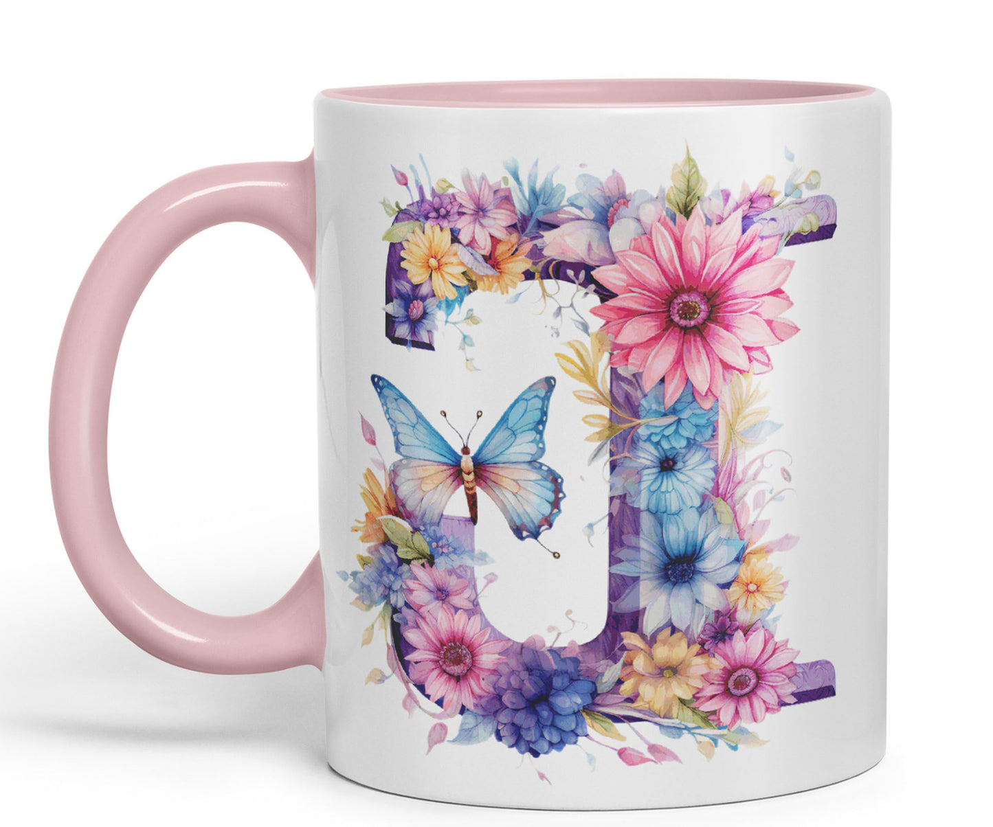 Letter J mug, Floral flowers butterfly Alphabet Letter J Monogram watercolour Ceramic Coloured Mug Cup for Tea Coffee Hot brew 330ml 11Oz Gift