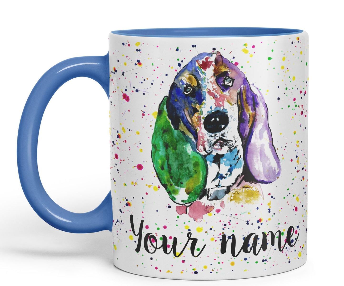 Personalised mug with Your Text name Basset Hound Hunting Dog Pet animals Watercolour Art Coloured Ceramic Mug Cup Gift 330ml 11oz Custom Work Office Tea Coffee