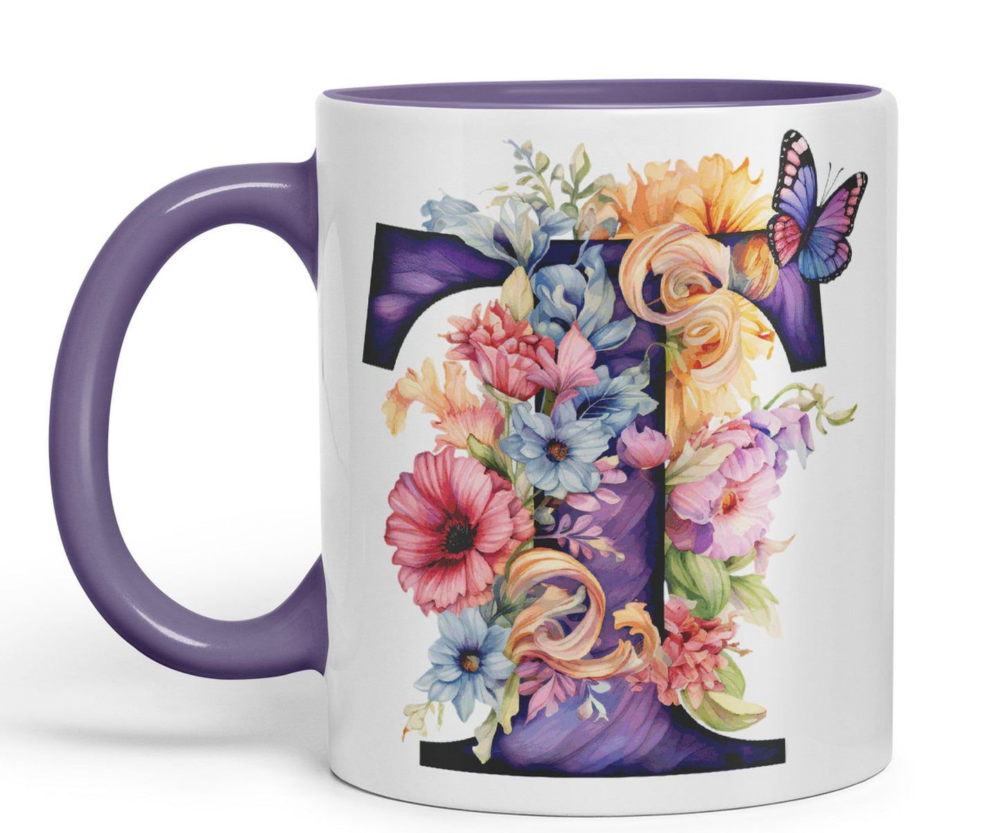 Letter T mug, Floral flowers butterfly Alphabet Letter T Monogram watercolour Ceramic Coloured Mug Cup for Tea Coffee Hot brew 330ml 11Oz Gift