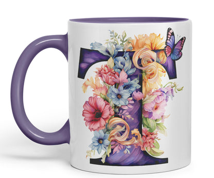 Letter T mug, Floral flowers butterfly Alphabet Letter T Monogram watercolour Ceramic Coloured Mug Cup for Tea Coffee Hot brew 330ml 11Oz Gift