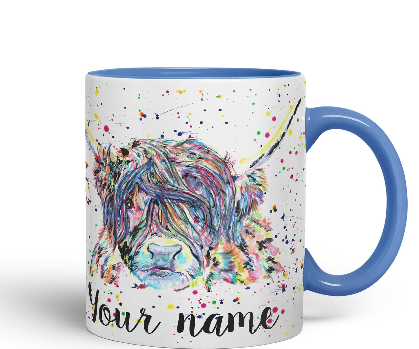 Vixar Personalised with Your Text Highland Cow Scottish Farm Animals Watercolour Art Coloured Mug Cup Gift Birthday Custom Work Office Tea Coffee (P01)