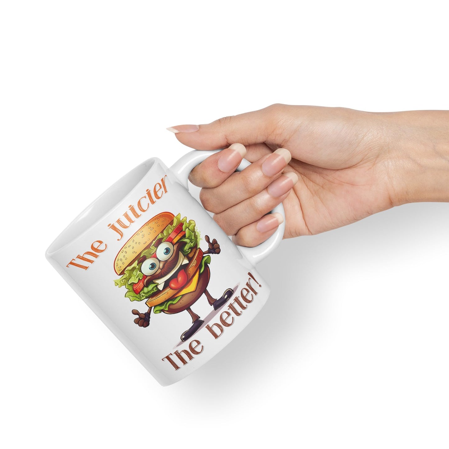 The Juicier The Better Burger, Joke sarkasm Sarcastic Ceramic Coloured Mug Cup for Tea Coffee Hot Brew 330ml 11Oz Gift