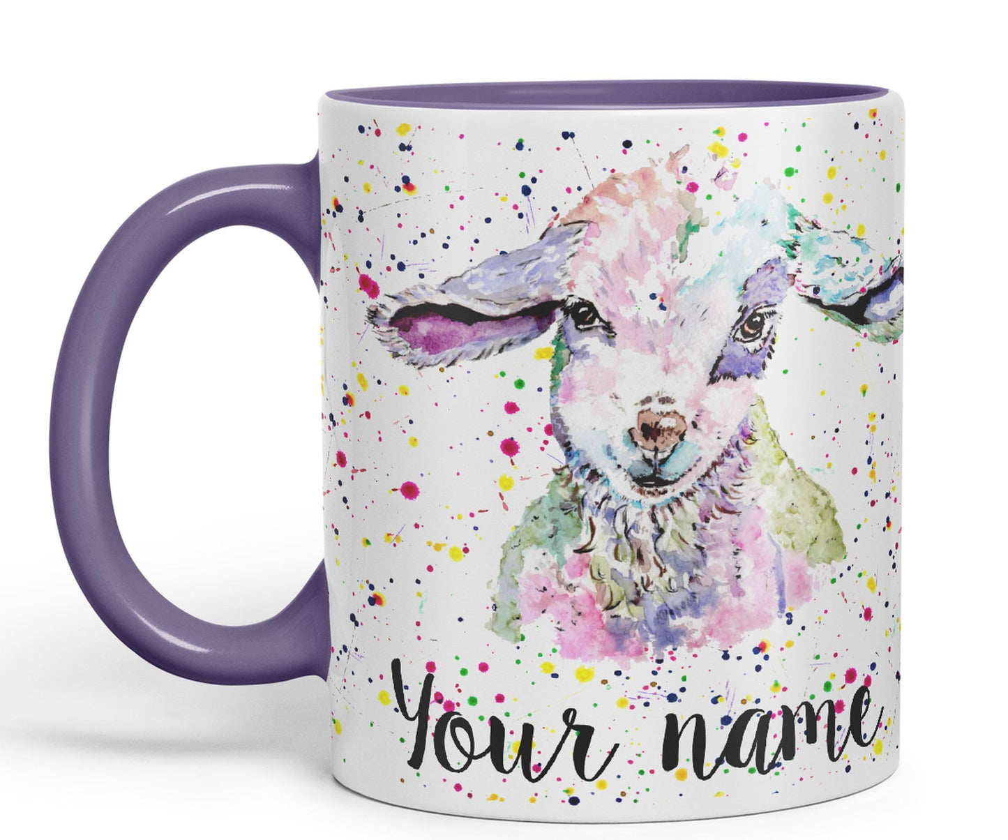 Vixar Personalised with Your Text Lamb Sheep Hogget Farm Animals Watercolour Art Coloured Ceramic Mug Cup Gift 330ml 11oz Custom Work Office Tea Coffee