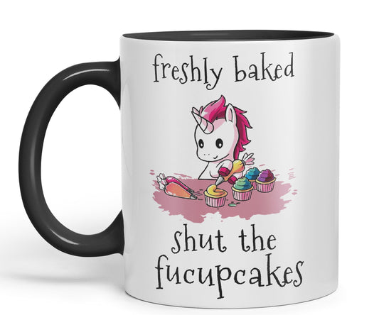 Freshly Baked, Shut The fucupcakes, Unicorn Sarcastic Joke Ceramic Coloured Mug Cup for Tea Coffee Hot Brew 330ml 11Oz