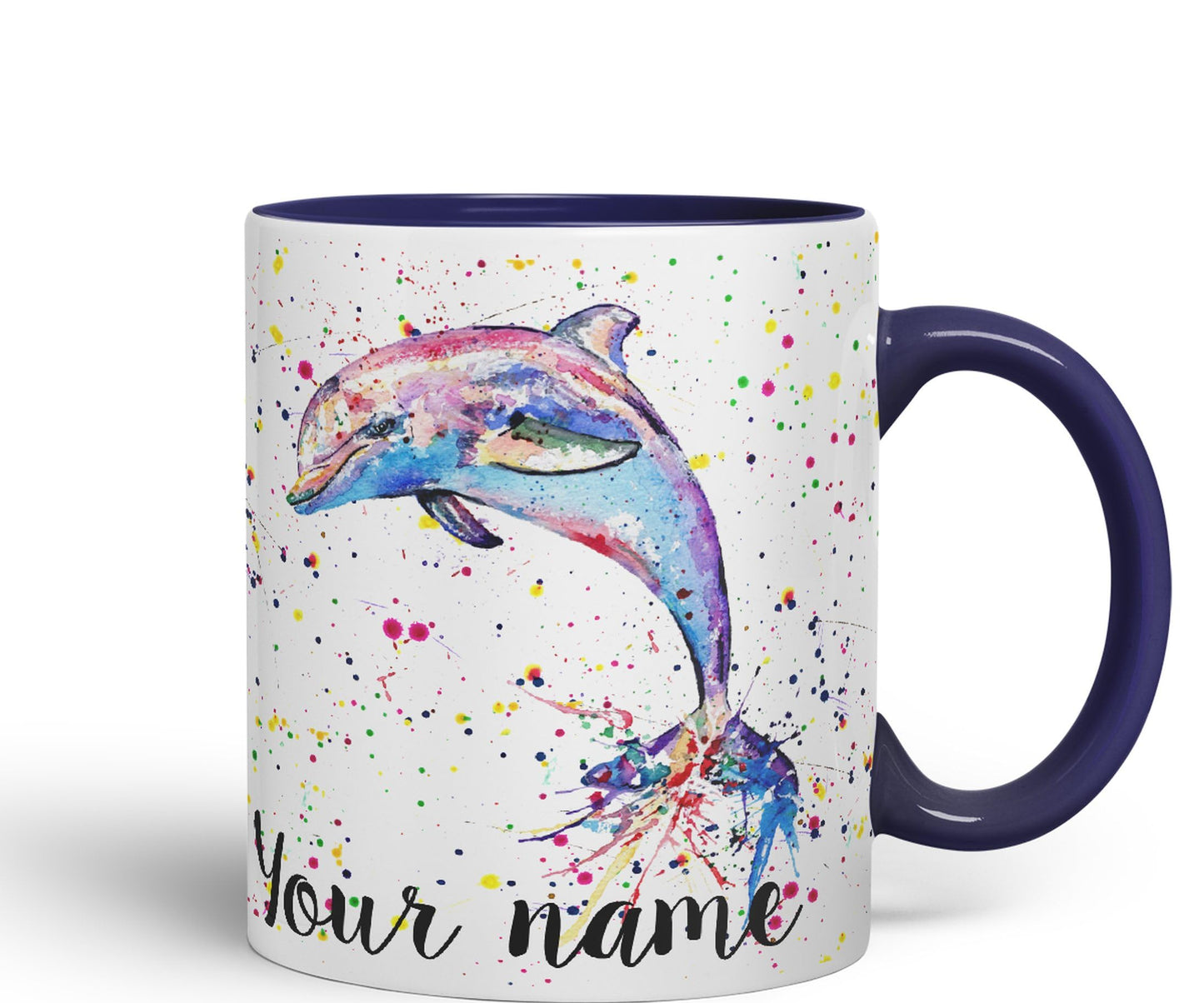 Vixar Personalised with Your Text Dolphin Sea Animal Watercolour Art Coloured Ceramic Mug Cup Gift 330ml 11oz Custom Work Office Tea Coffee