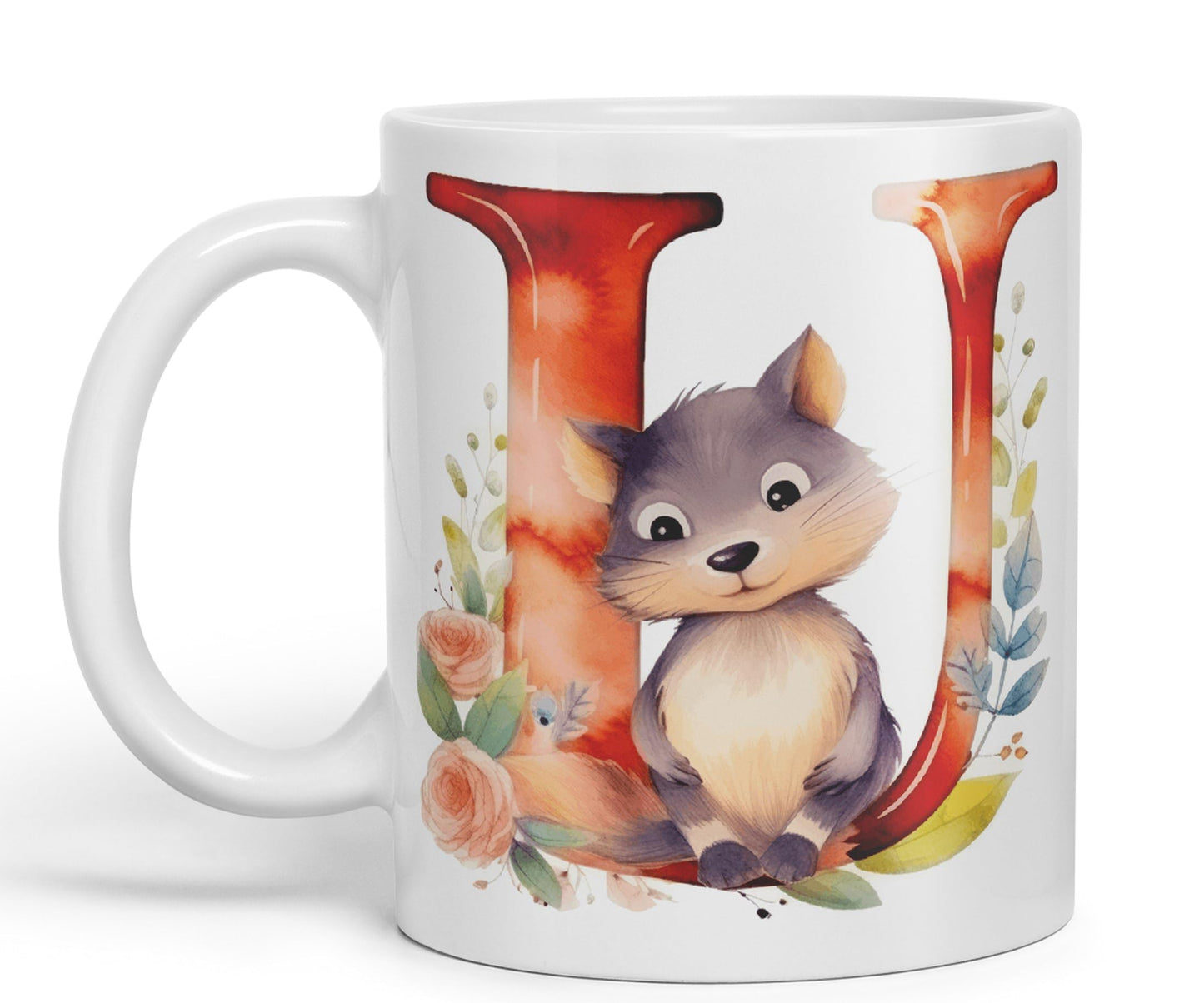 Letter U mug, Animals Alphabet Letter U Monogram animal for kids Ceramic Coloured Mug Cup for Tea Coffee Hot brew 330ml 11Oz Gift