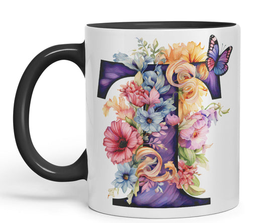Letter T mug, Floral flowers butterfly Alphabet Letter T Monogram watercolour Ceramic Coloured Mug Cup for Tea Coffee Hot brew 330ml 11Oz Gift