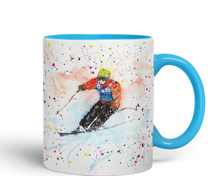 Skiing Ski winter sport watercolour Ceramic Coloured Mug Cup for Tea Coffee Hot brew 330ml 11Oz Gift