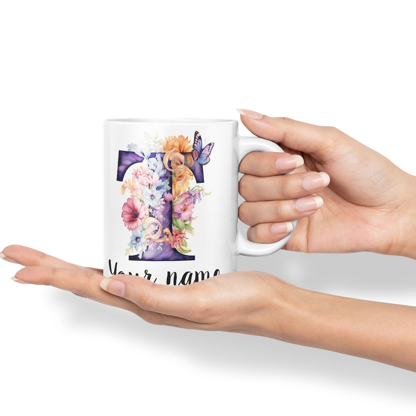 Personalised Letter T mug, Customized Custom Floral flowers butterfly Alphabet Letter T Monogram watercolour Ceramic Coloured Mug Cup for Tea Coffee Hot brew 330ml 11Oz Gift