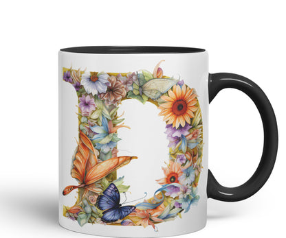 Letter D mug, Floral flowers butterfly Alphabet Letter D Monogram watercolour Ceramic Coloured Mug Cup for Tea Coffee Hot brew 330ml 11Oz Gift