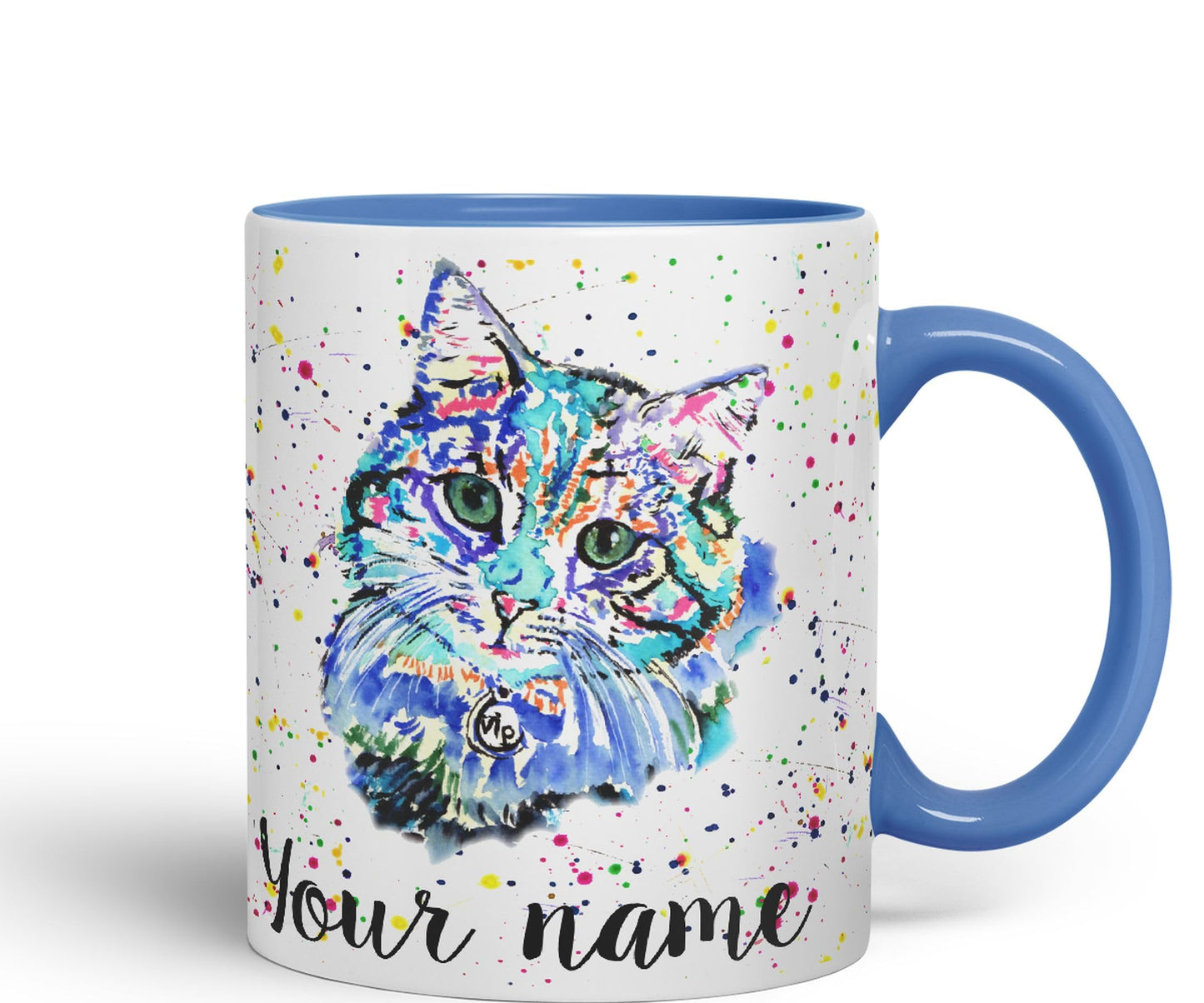 Vixar Personalised with Your Text Blue Cat Kitten Feline Watercolour Art Coloured Ceramic Mug Cup Gift 330ml 11oz Custom Work Office Tea Coffee