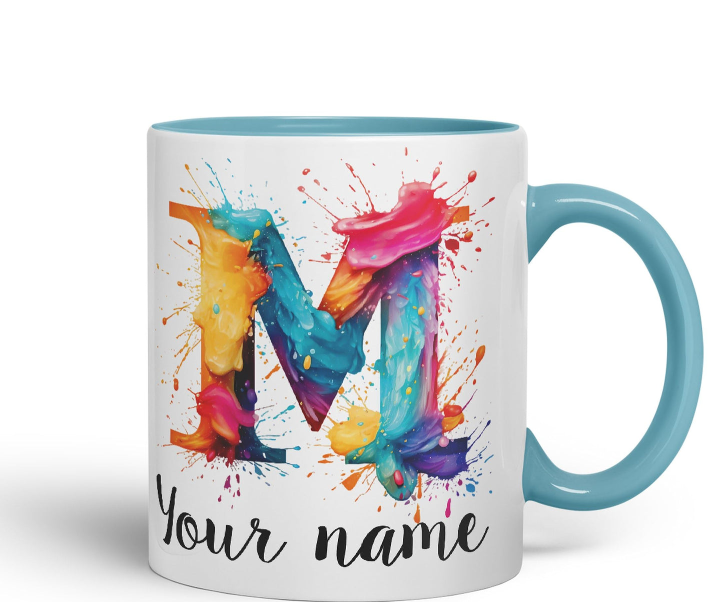 Personalised Letter M mug, Alphabet cusomized custom Letter M Monogram watercolour Ceramic Coloured Mug Cup for Tea Coffee Hot brew 330ml 11Oz Gift