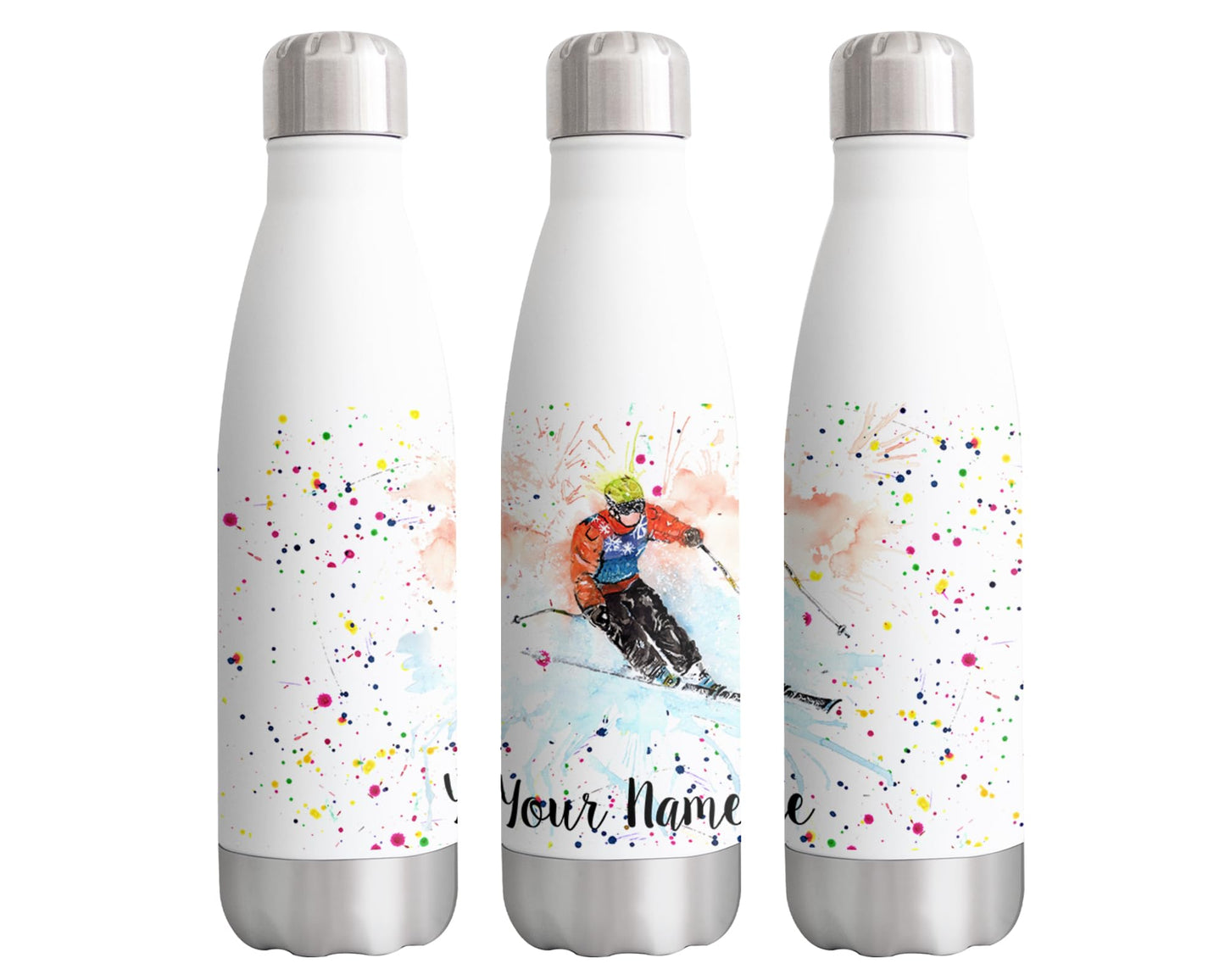 Vixar Skiing Personalised Custom Bottle with your Text/name Watercolour Ski winter sport Bottle double Wall insulated Stainless steel sport Drinks 500ml