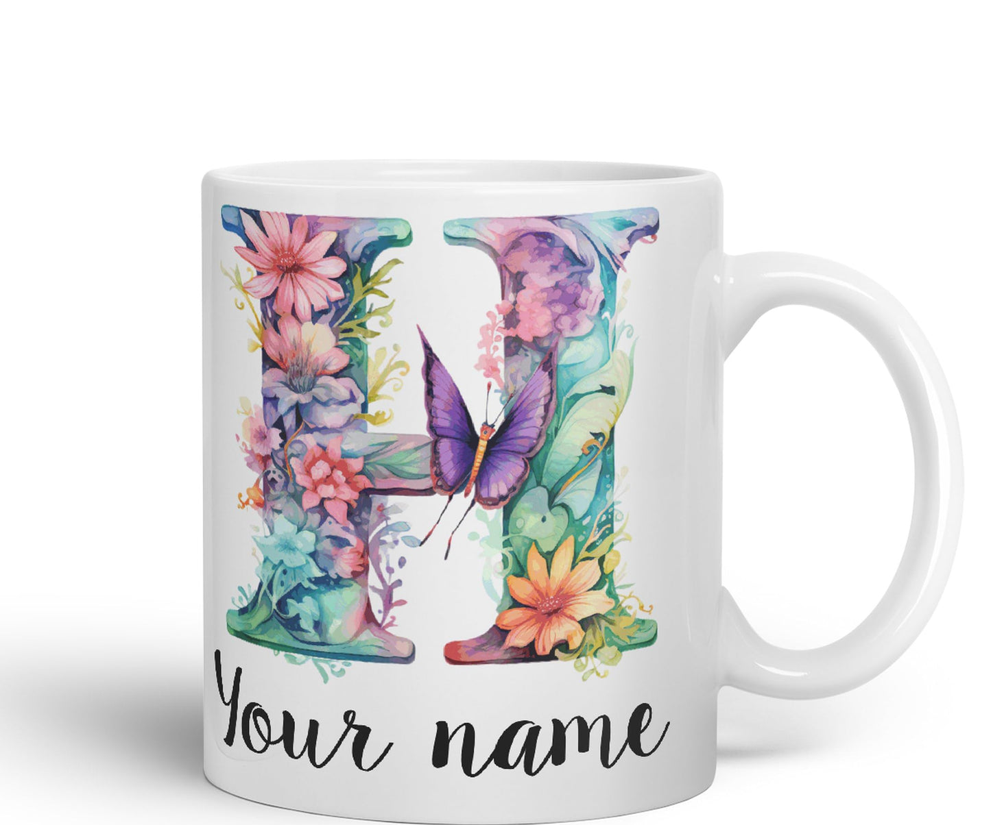 Personalised Letter H mug, Customized Custom Floral flowers butterfly Alphabet Letter H Monogram watercolour Ceramic Coloured Mug Cup for Tea Coffee Hot brew 330ml 11Oz Gift