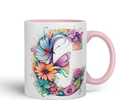 Letter C mug, Floral flowers butterfly Alphabet Letter C Monogram watercolour Ceramic Coloured Mug Cup for Tea Coffee Hot brew 330ml 11Oz Gift