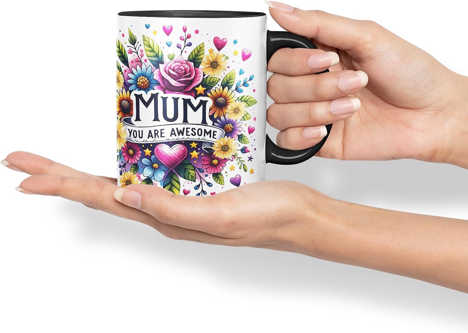 Vixar Mum You are Awesome Floral Mug – Coloured Ceramic Mug Cup Gift, 11oz (Black)