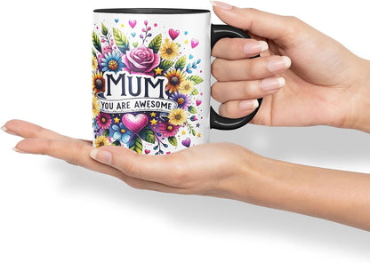 Vixar Mum You are Awesome Floral Mug – Coloured Ceramic Mug Cup Gift, 11oz (Black)