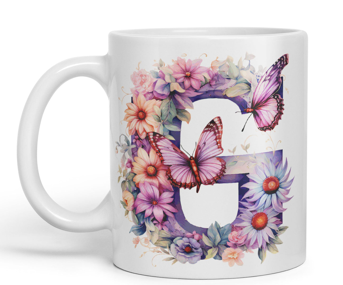 Letter G mug, Floral flowers butterfly Alphabet Letter G Monogram watercolour Ceramic Coloured Mug Cup for Tea Coffee Hot brew 330ml 11Oz Gift