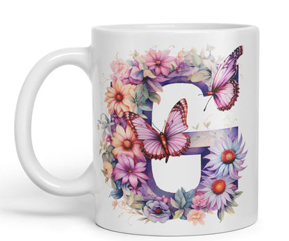 Letter G mug, Floral flowers butterfly Alphabet Letter G Monogram watercolour Ceramic Coloured Mug Cup for Tea Coffee Hot brew 330ml 11Oz Gift