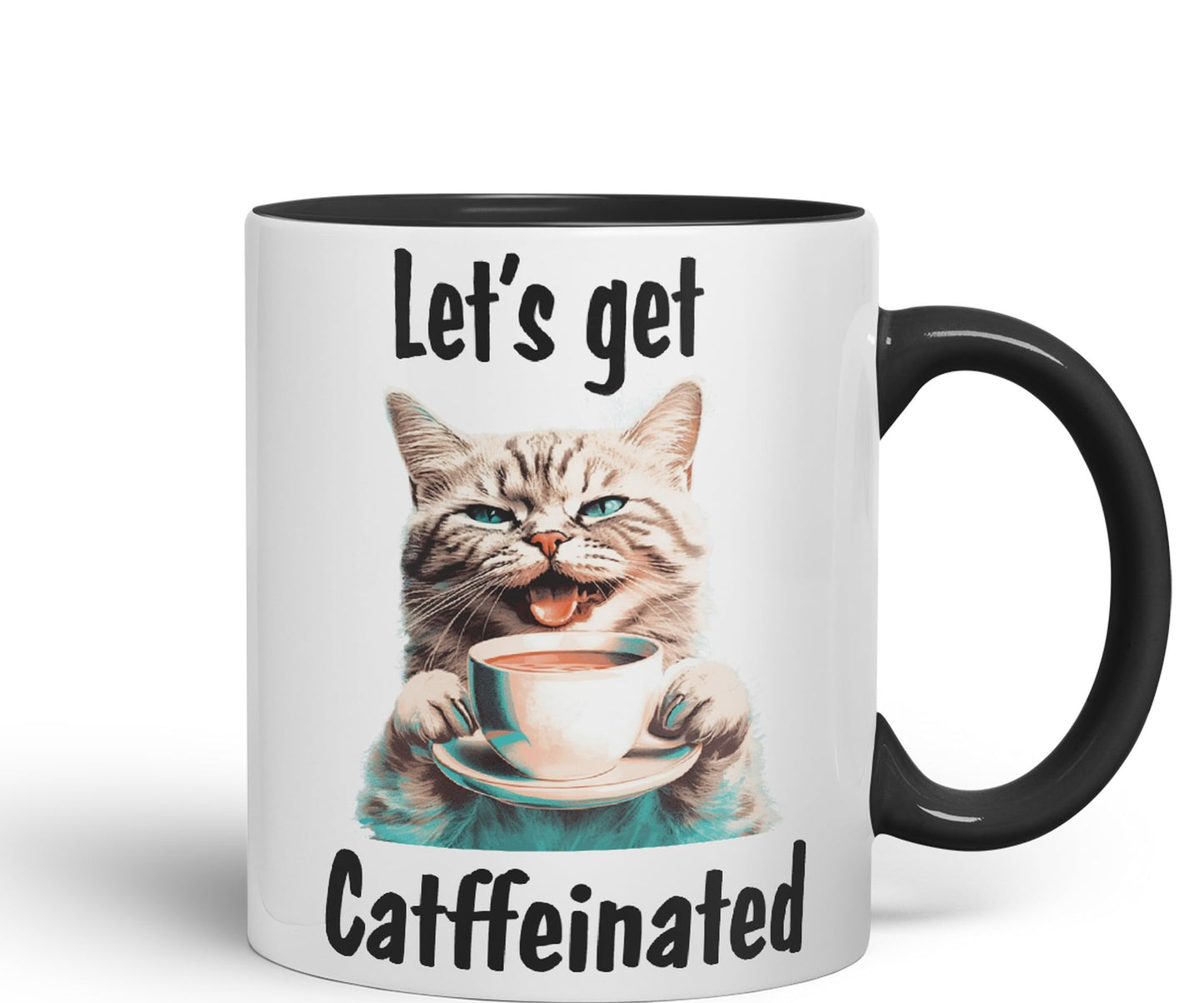 Let's get Caffeinated cat Kitten Joke sarkasm Sarcastic Ceramic Coloured Mug Cup for Tea Coffee Hot Brew 330ml 11Oz Gift