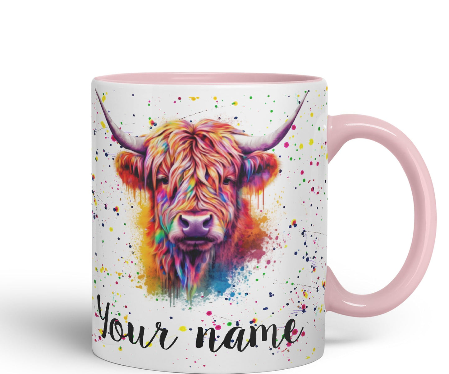 Personalised mug with Your Text name Highland Scottish Cow farm animals Watercolour Art Coloured Ceramic Mug Cup Gift 330ml 11oz Custom Work Office Tea Coffee HC4