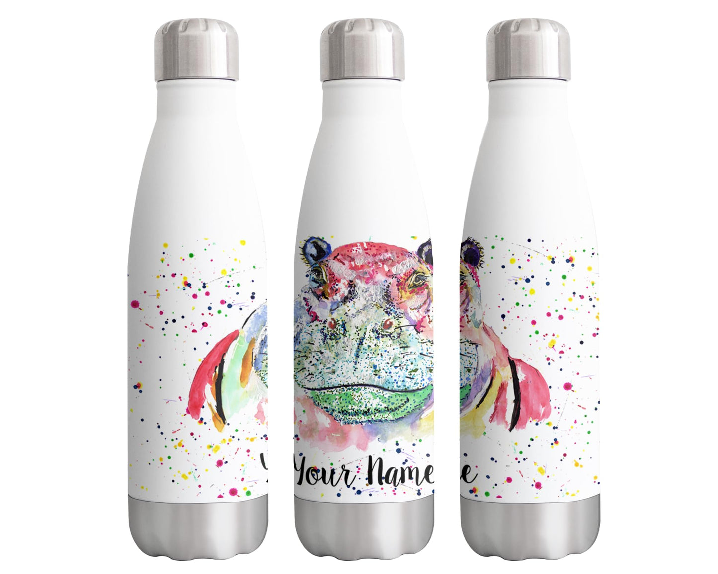 Vixar Hippopotamus Hippo Personalised Custom Bottle with your Text/name Watercolour wild animal Bottle double Wall insulated Stainless steel sport Drinks 500ml