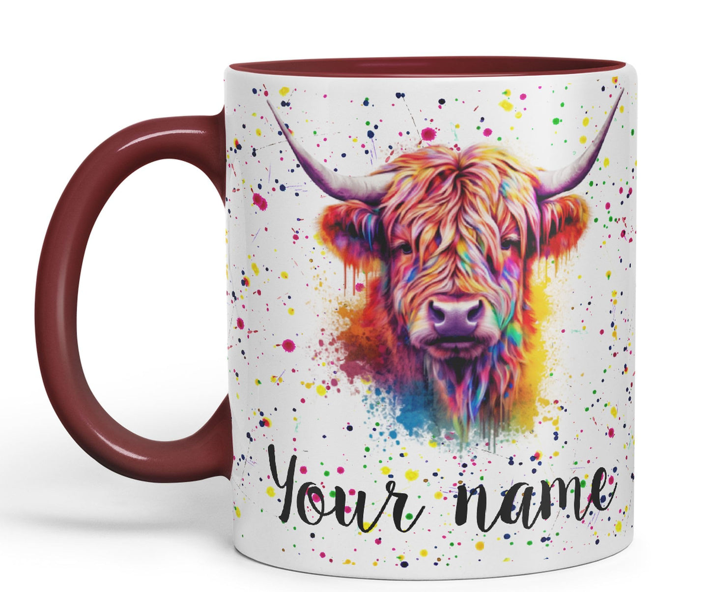 Personalised mug with Your Text name Highland Scottish Cow farm animals Watercolour Art Coloured Ceramic Mug Cup Gift 330ml 11oz Custom Work Office Tea Coffee HC4