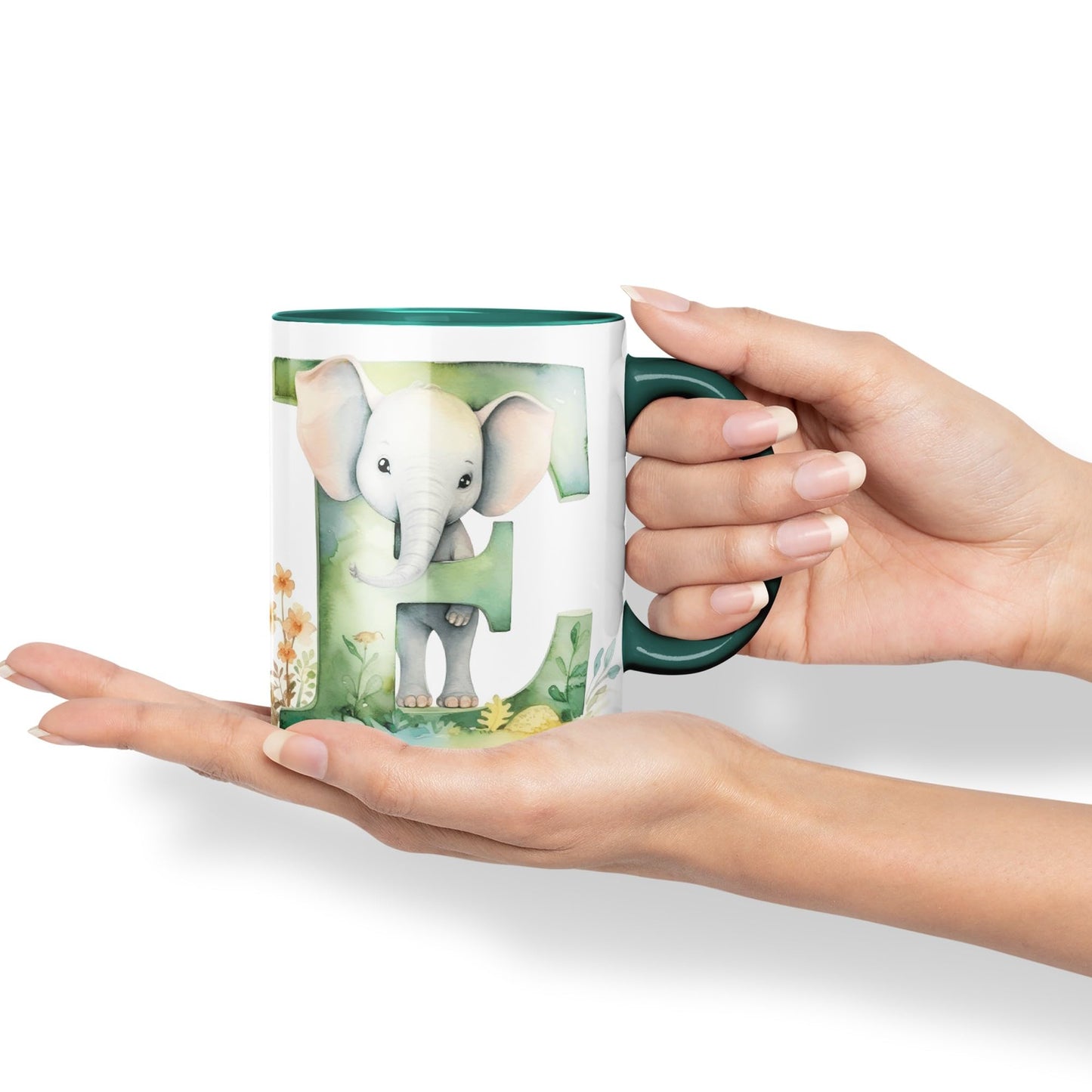 Letter E mug, Animals Alphabet Letter E Monogram animal for kids Ceramic Coloured Mug Cup for Tea Coffee Hot brew 330ml 11Oz Gift