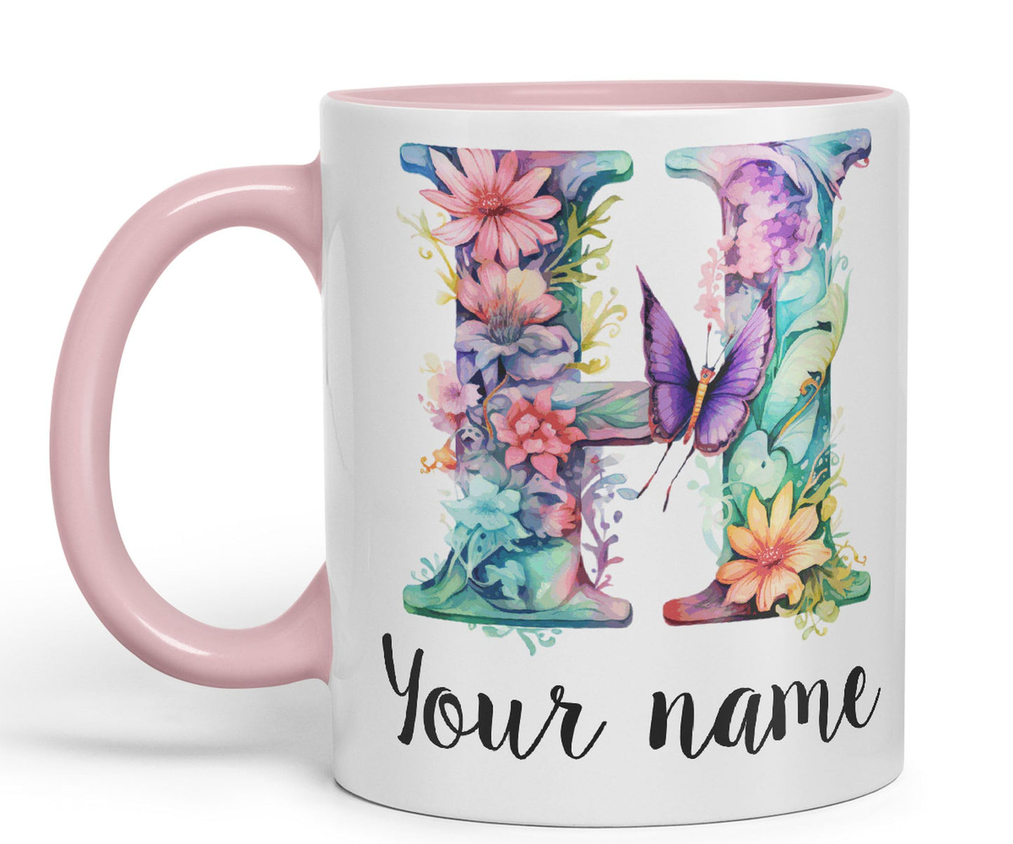 Personalised Letter H mug, Customized Custom Floral flowers butterfly Alphabet Letter H Monogram watercolour Ceramic Coloured Mug Cup for Tea Coffee Hot brew 330ml 11Oz Gift