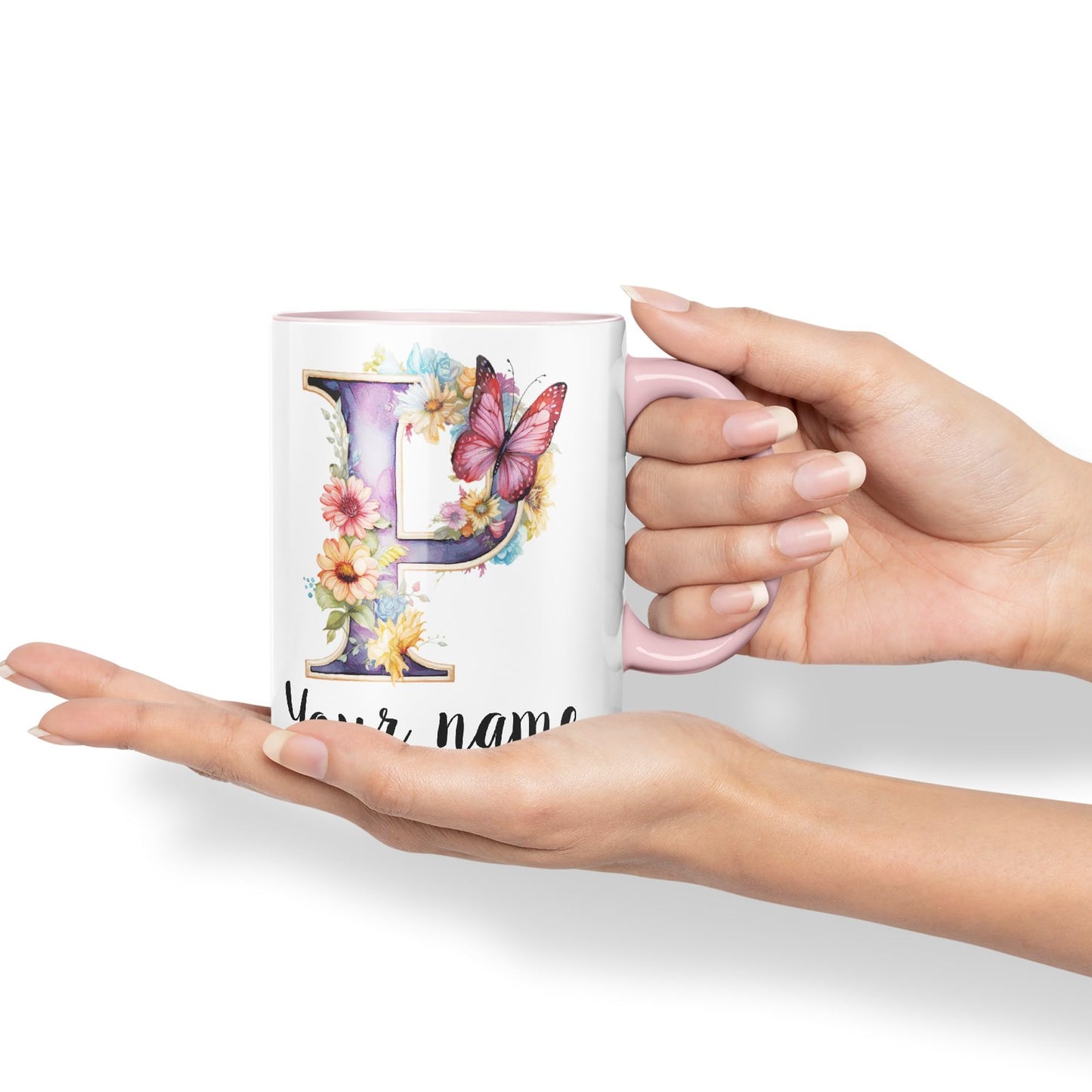 Personalised Letter P mug, Customized Custom Floral flowers butterfly Alphabet Letter P Monogram watercolour Ceramic Coloured Mug Cup for Tea Coffee Hot brew 330ml 11Oz Gift