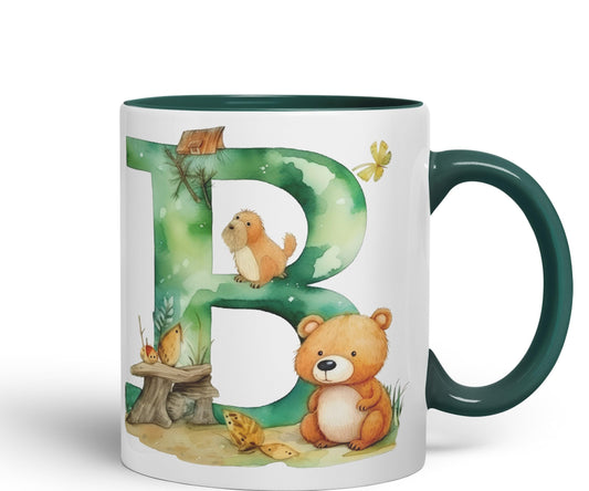 Letter B mug, Animals Alphabet Letter B Monogram animal for kids Ceramic Coloured Mug Cup for Tea Coffee Hot brew 330ml 11Oz Gift
