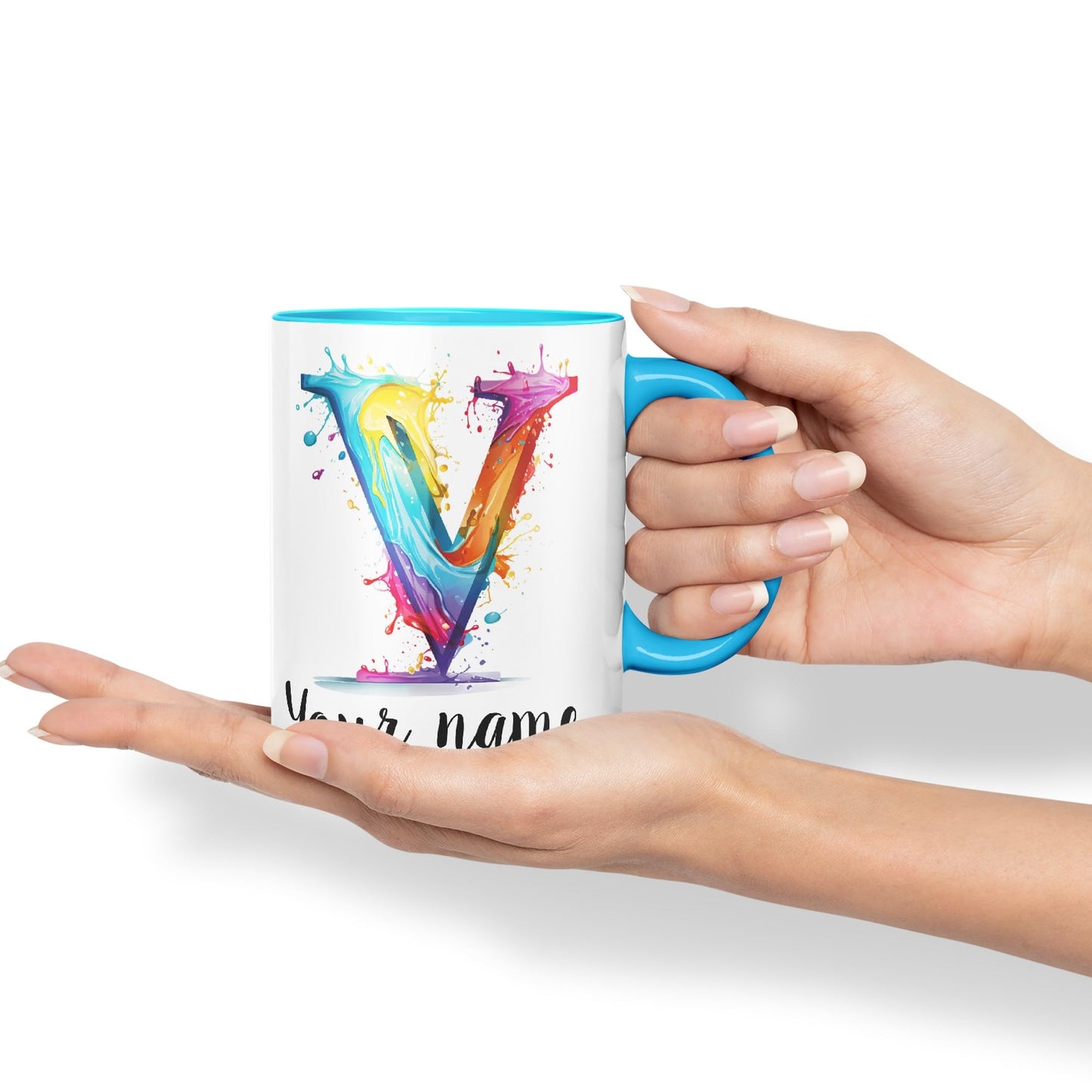 Personalised Letter V mug, Alphabet cusomized custom Letter V Monogram watercolour Ceramic Coloured Mug Cup for Tea Coffee Hot brew 330ml 11Oz Gift