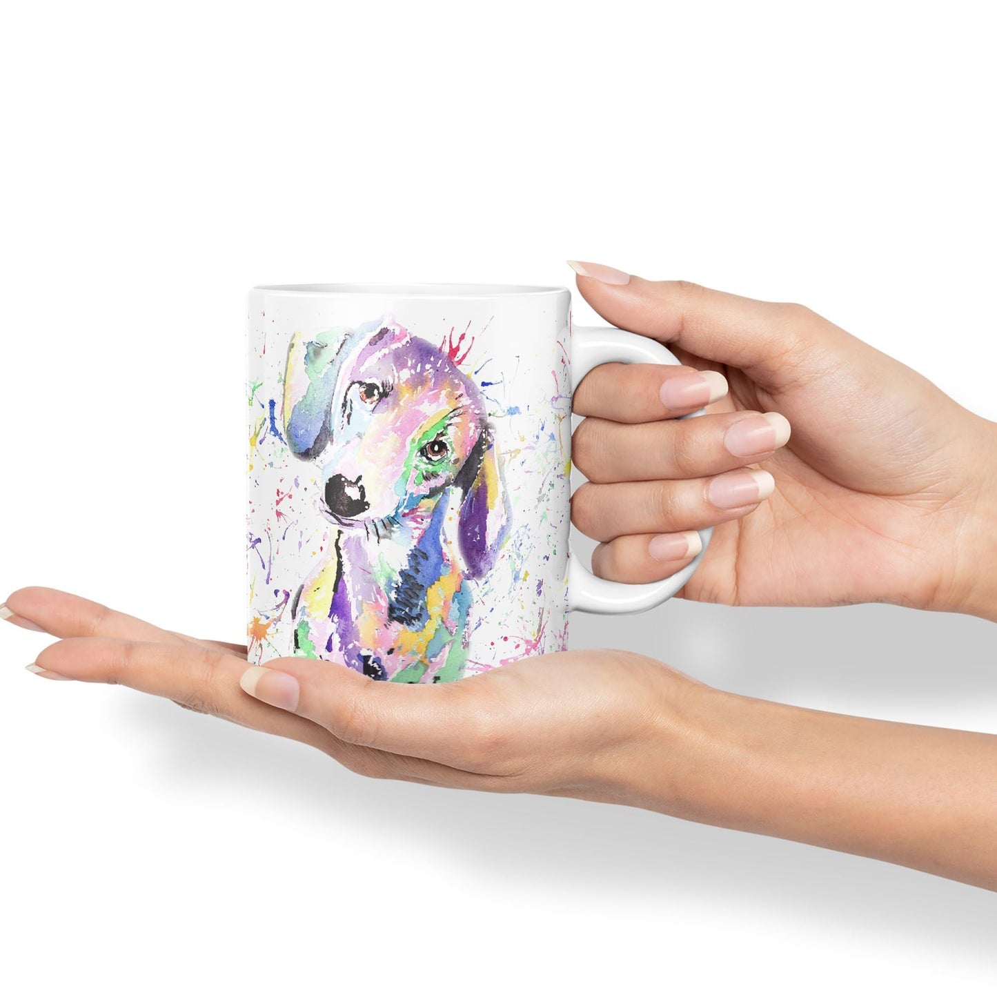 Vixar Dachshund Dog Sausage Wiener Badger Pet Watercolour Rainbow Art Ceramic 330 ml Coloured Mug Cup Gift Birthday Work Office Christmas Tea Coffee